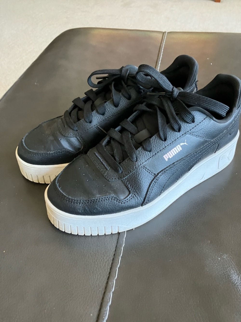 Puma Black Leather Platform Sneakers with White Sole rose accents